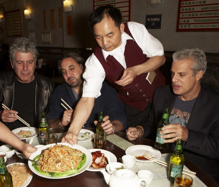 Celeb chefs, Anthony Bourdain, Marco Canora, and Eric Ripert do what they do (second) best — eat.